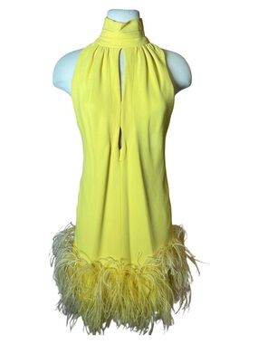 Vintage 1960s Yellow Feather Keyhole Mini Silk Crepe Dress XS Small